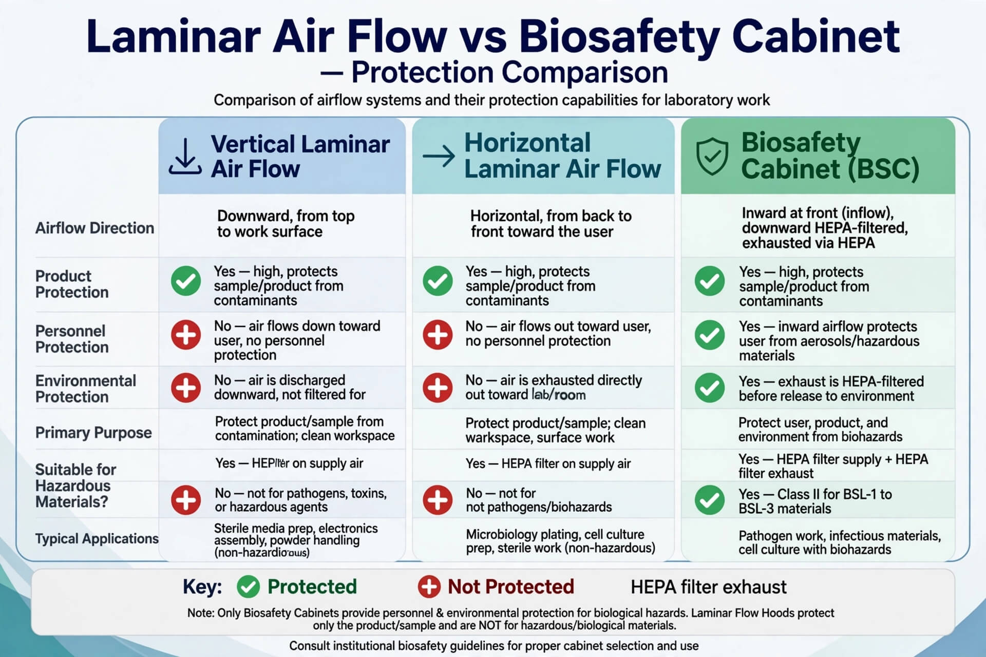 Perbandingan Vertical vs Horizontal Laminar Air Flow vs Biosafety Cabinet perlindungan produk personel lingkungan