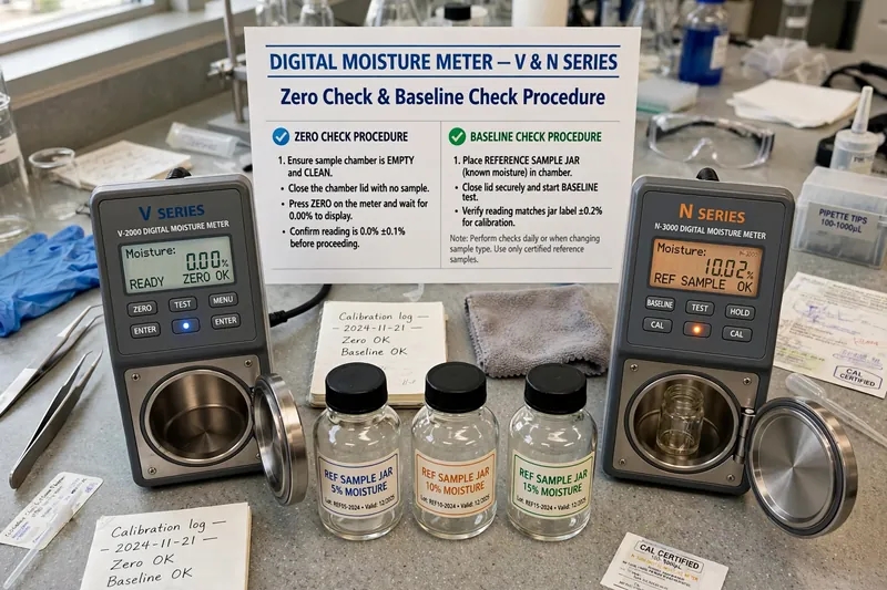 Prosedur zero check dan baseline check moisture meter V Series dan N Series dengan reference sample jar 5% 10% 15%